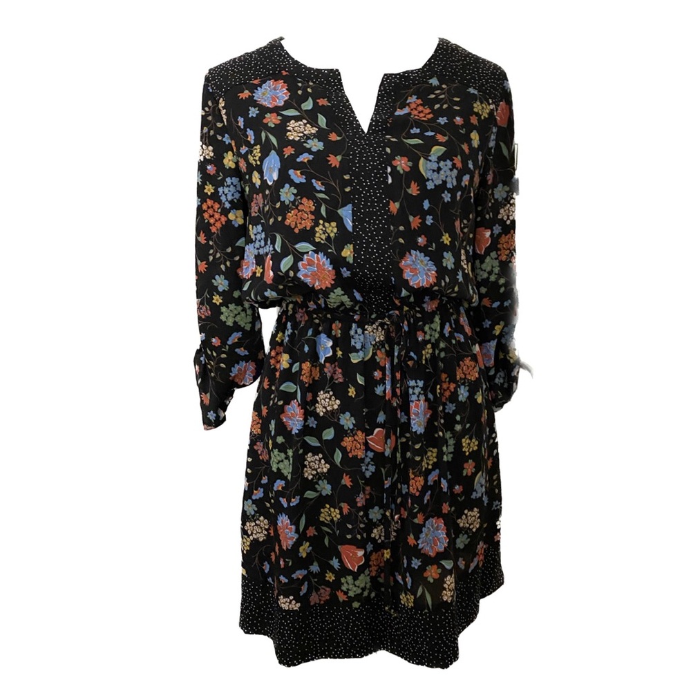 Floral Long Sleeve Above The Knee Dress With Polka Hem Border - Size XS